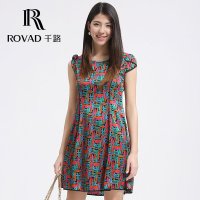 千路女式真丝连衣裙无袖圆领抽象图案裙子专柜正品3245155330 松花绿 S