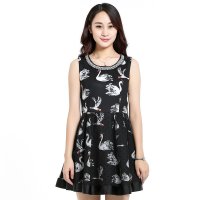 妞娜NP151056天鹅图案背心裙 黑色 L