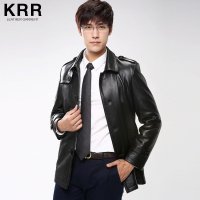 KRR KRRF005 男士黑色翻领中长款皮衣 黑色 L