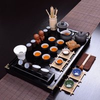 艺宏堂 双排古诗 整套茶具套装 紫砂功夫茶 实木茶盘套装 茶托木质