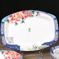 韵唐骨瓷餐具家用菜盘盘子鱼盘长盘蒸鱼盘天香花苑中式12英寸方口鱼盘1只装 可微波炉 天香花苑
