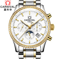 瑞士嘉年华正品 间金全自动机械表 男休闲时尚防水手表男士时尚商务男表金属精钢夜光防水日月星辰多功能显示8702C 升级版钻圈金白钢带
