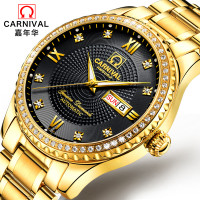 嘉年华CARNIVAL手表新款男士全自动机械表 男表时尚满天星镶水钻防水夜光精钢带腕表双日历星期显示休闲商务复古8629 土豪金色黑面