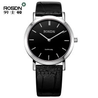 劳士顿(ROSDN)手表 情侣石英表 休闲时尚薄款男表防水石英女表白盘咖带国产品牌3098 本色黑盘黑带男款