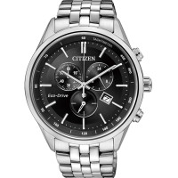 西铁城(CITIZEN)手表男士日韩品牌 时尚光动能大盘黑色三眼多功能男表AT2140-55E