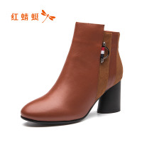 红蜻蜓女靴冬季新款加绒保暖短靴女真皮粗跟欧美时尚百搭通勤高跟切尔西靴侧拉链牛皮短筒女靴子 红棕色 35码