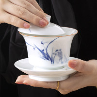 景德镇陶瓷青花盖碗茶杯手工三才盖碗套装白瓷泡茶功夫茶具 幽兰之馨（一盖碗四杯套组）