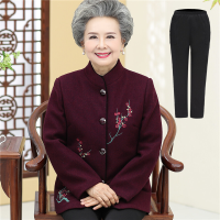 迪鲁奥（DILUAO)长袖立领秋装外套奶奶装女60岁70中老年人毛呢服装上衣老太太衣服_260 3XL建议120-130斤 暗紫上衣+长裤