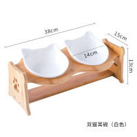 猫碗宠物用品碗陶瓷双碗食盆防打翻木架护颈吃饭喝水斜口碗猫咪碗_1 高度调节大小通用 猫耳双碗+木架+纯白色
