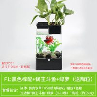 水培植物养鱼缸一体家用塑料创意懒人小型免换水桌面斗鱼专用客厅_1 默认尺寸 黑色标配+绿萝+狮王斗鱼