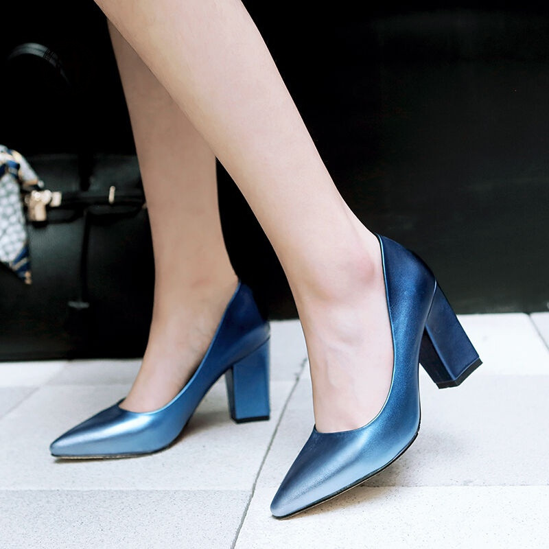 浒时尚漆皮尖头单鞋女坡跟ol纯色百搭粗跟高跟鞋 绿色 #33