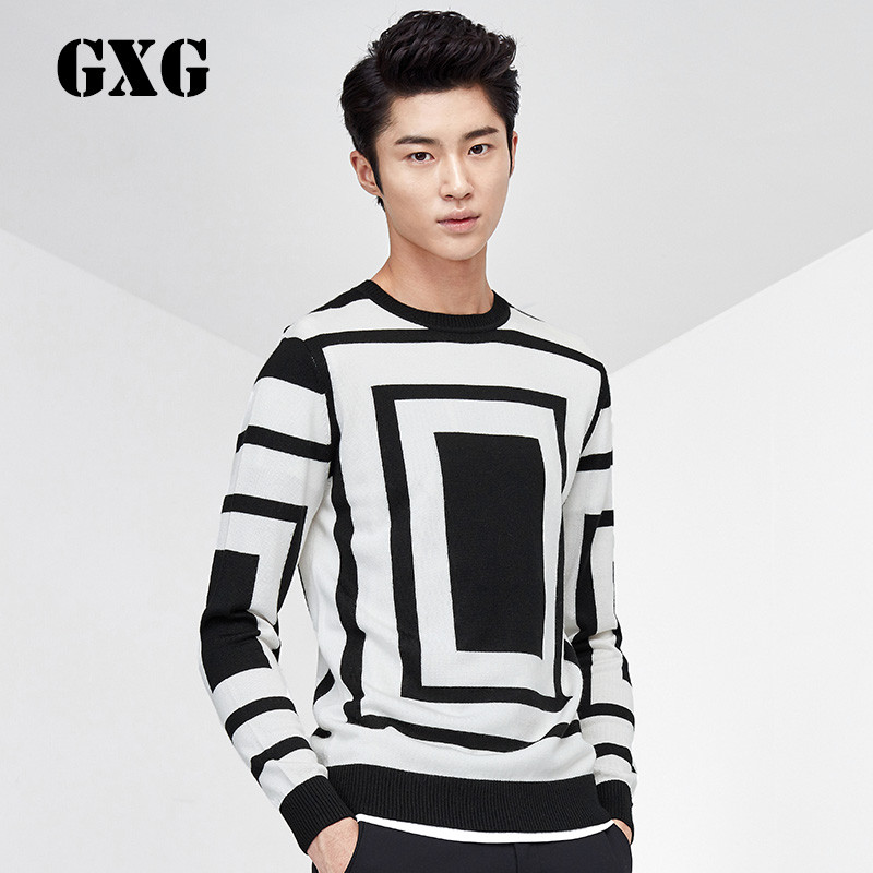 gxg毛衫男装[新尚] 秋装男士黑白色时尚圆领修身针织衫#53220252/b16
