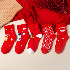 巴布豆配饰儿童圣诞袜子秋冬棉袜女童男童红色新年过年袜子儿童中筒