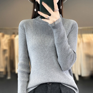 2023蕾丝半高领毛衣女打底衫秋冬新款修身内搭上衣镂空外穿针织衫
