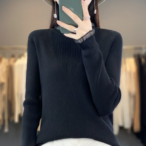 2023蕾丝半高领毛衣女打底衫秋冬新款修身内搭上衣镂空外穿针织衫