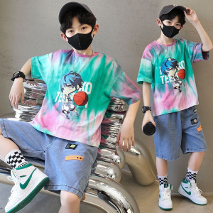 男孩扎染篮球休闲套装新款夏季韩版中大童短袖牛仔裤两件套