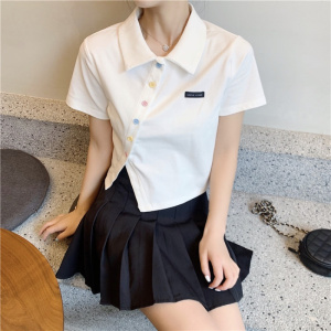 6535棉 夏季新款polo衫短袖T恤女修身高腰翻领短款学生上衣潮