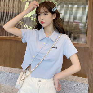 6535棉夏季新款polo衫短袖T恤女修身高腰翻领短款学生上衣潮