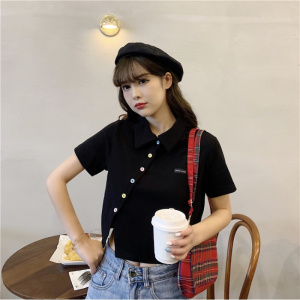 6535棉 夏季新款polo衫短袖T恤女修身高腰翻领短款学生上衣潮