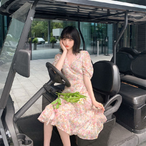 夏季新款韩版女装V领碎花连衣裙女学生长款油画裙系列裙子潮