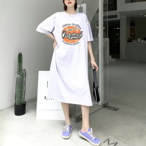 韩国大码T恤女装夏季休闲长裙开叉短袖连衣裙子中长款打底衫上衣