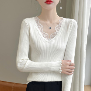 v领蕾丝拼接内搭毛衣韩版气质修身上衣设计感秋冬新款打底针织衫