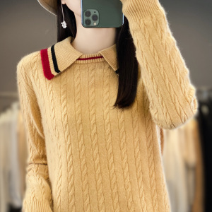 学院风假两件Polo领长袖针织衫女复古麻花翻领撞色毛衣打底上衣