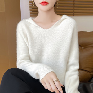 秋冬新款无缝一体桂花针设计羊毛帽衫女士七针加厚针织上衣