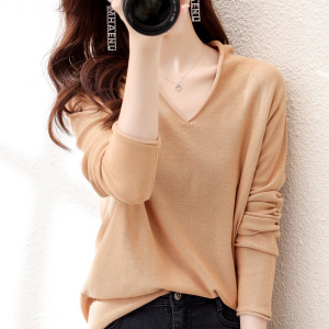 春秋新款棉v领长袖宽松显瘦百搭气质纯色内搭针织衫上衣女