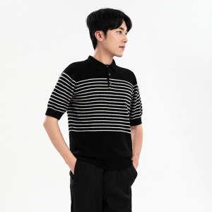秋新纯色羊毛衫男POLO领纯色百搭针织条纹短袖打底衫韩版撞色