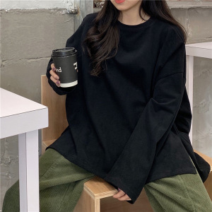 秋装开叉纯色长袖T恤女打底衫韩版潮学生宽松上衣服女装