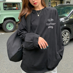 白色圆领长袖T恤女装新款设计感前后印花洋气复古chic宽松女上衣