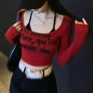 纯欲风印花T恤女装春秋季新款辣妹穿搭吊带设计感露脐短上衣