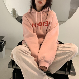 加绒卫衣女字母印花韩版新款连帽外套潮学生宽松上衣女装