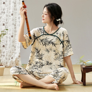 国风新中式新款棉质套装夏季女士短袖七分裤休闲家居服薄款可外穿