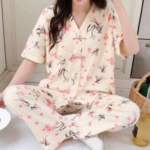 夏季新款女士和服棉质薄款短袖开衫甜美可爱家居服可外穿睡衣套装