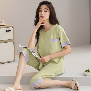 带胸垫睡衣女夏季莫代尔短袖七分裤休闲可外穿薄款大码家居服套装