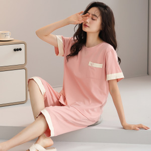 带胸垫睡衣女夏季莫代尔短袖七分裤休闲可外穿薄款大码家居服套装
