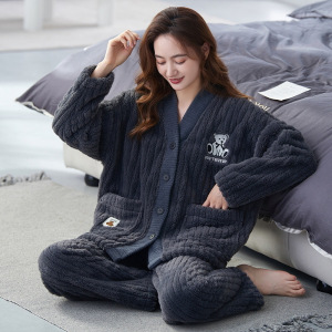 睡衣女士冬季加厚加绒珊瑚绒法兰绒甜美日系和服家居服套装可外穿