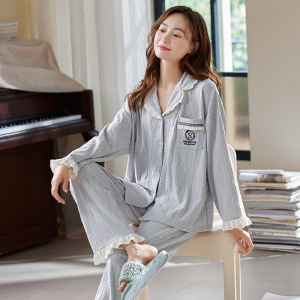睡衣女士秋冬季棉质开衫长袖长裤套装翻领提花家居服秋冬款可外穿