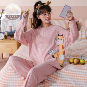 睡衣女秋冬季纯棉长袖带胸垫秋天韩版可爱大码家居服套装