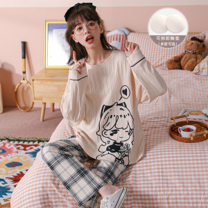 睡衣女秋冬季纯棉长袖带胸垫秋天韩版可爱大码家居服套装