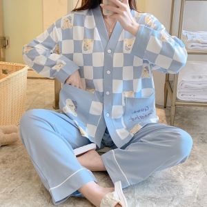 睡衣女秋冬季长袖棉质开衫和服韩版可外穿甜美休闲宽松套装家居服