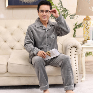 睡衣男士秋冬季加绒加厚珊瑚绒中老年人爸爸法兰绒保暖家居服套装