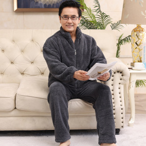 睡衣男士秋冬季加绒加厚珊瑚绒中老年人爸爸法兰绒保暖家居服套装