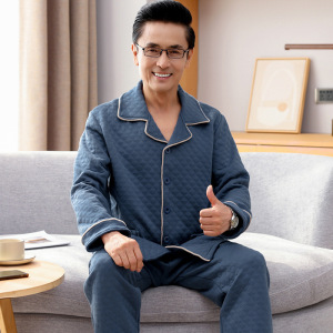 秋冬男长袖加厚棉质开衫夹层空气棉中老年爸爸睡衣家居服套装大码