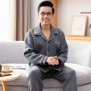 秋冬男长袖加厚棉质开衫夹层空气棉中老年爸爸睡衣家居服套装大码