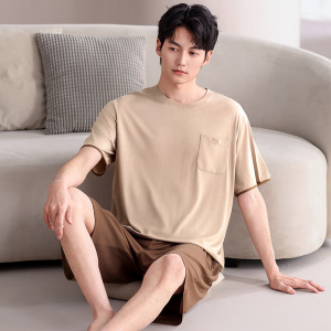 莫代尔夏季新款男士睡衣圆领短袖休闲简约可外穿大码家居服两件套