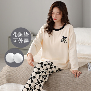 韩版带胸垫睡衣女士棉质秋冬季长袖可爱可外穿卡通休闲家居服套装