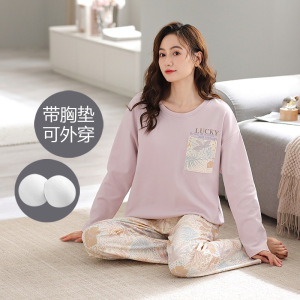 韩版带胸垫睡衣女士棉质秋冬季长袖可爱可外穿卡通休闲家居服套装
